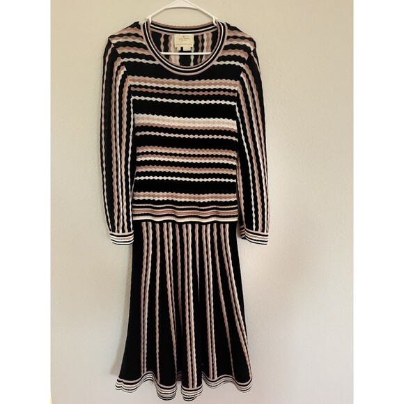 Kate Spade Pink And Black Knit Striped Long Sleeve Fit And Flare Midi Dress SZ M - Picture 1 of 8